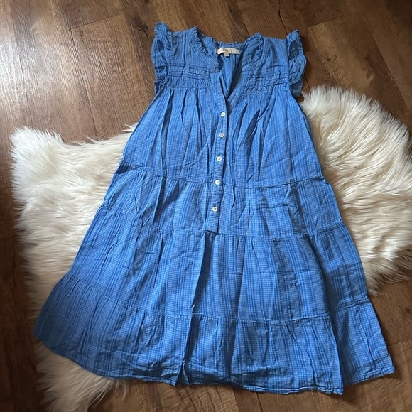 LOFT Striped Flutter Sleeve Button Down Tiered Swing Dress - Picture 3 of 6